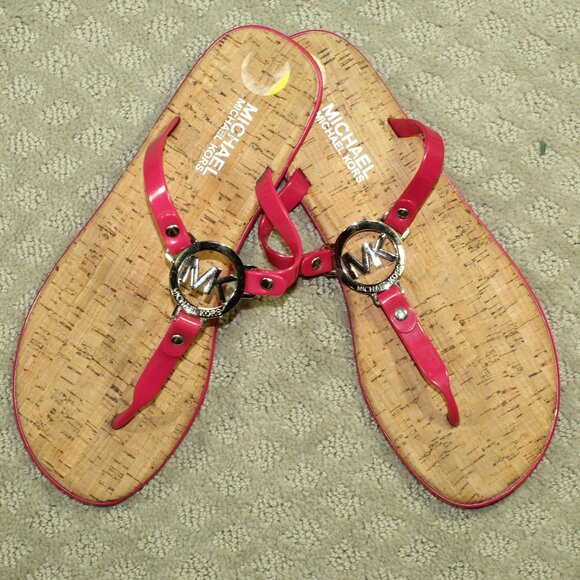 Michael Kors Women's 9M Hot Pink Jelly Logo Sandals with Cork Insole - Picture 1 of 6